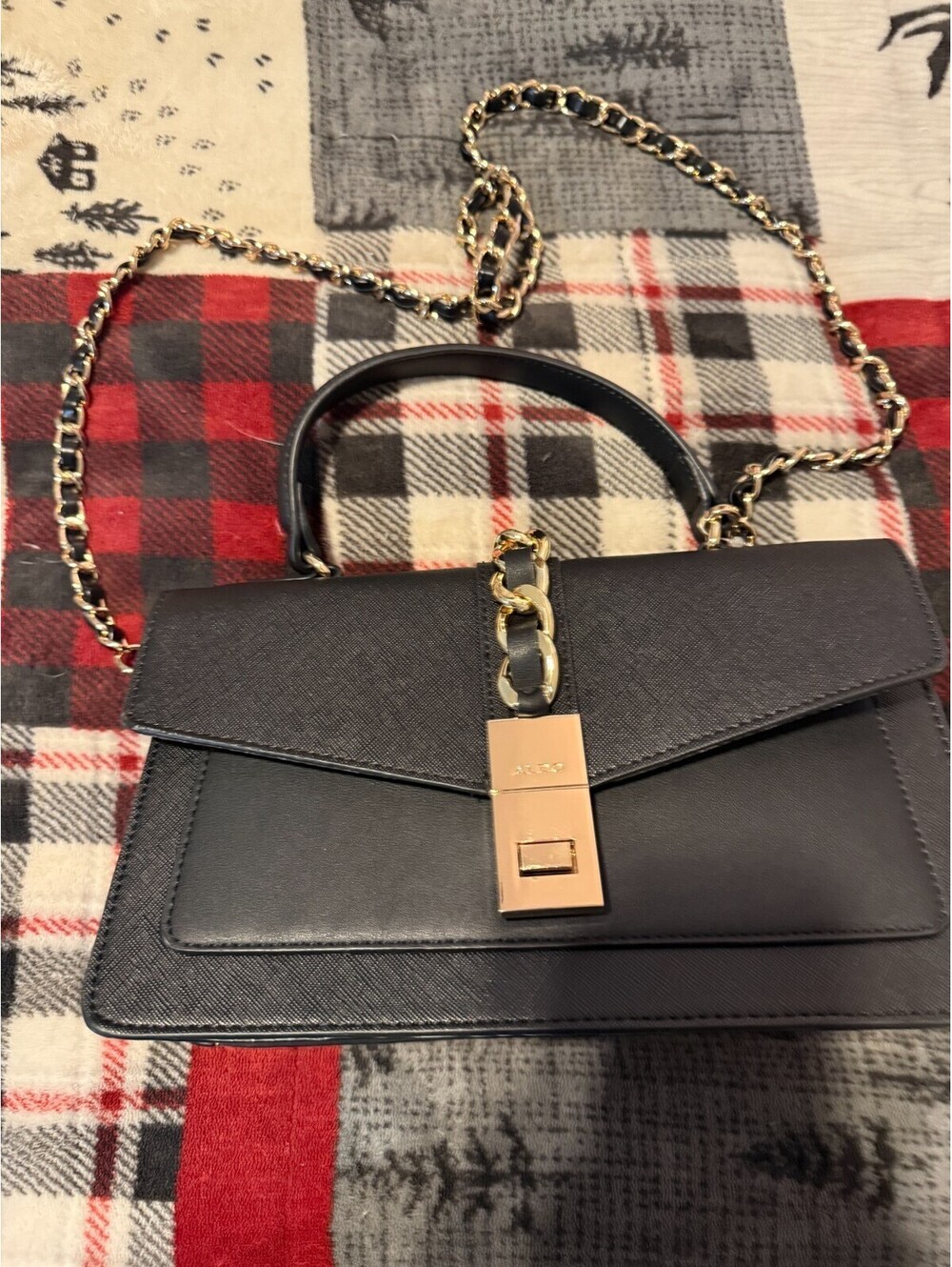 ALDO Black Saffiano Top Handle Crossbody Bag Gold Chain Strap Turn Lock Flap Pur